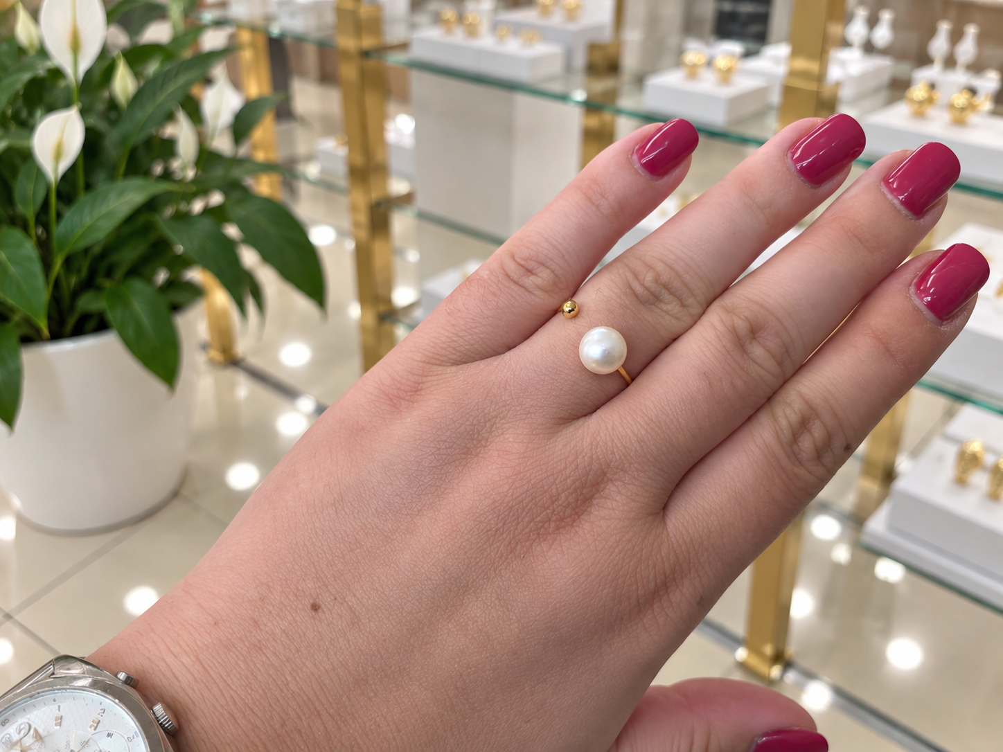 Anillo acero perla blanca