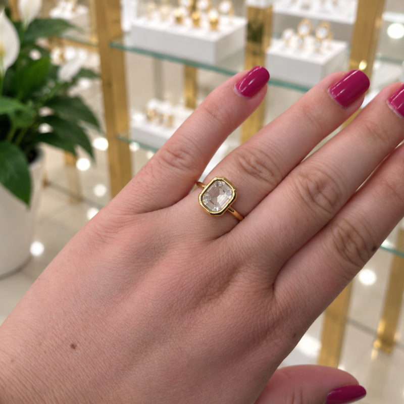 Anillo acero cristal rectangular