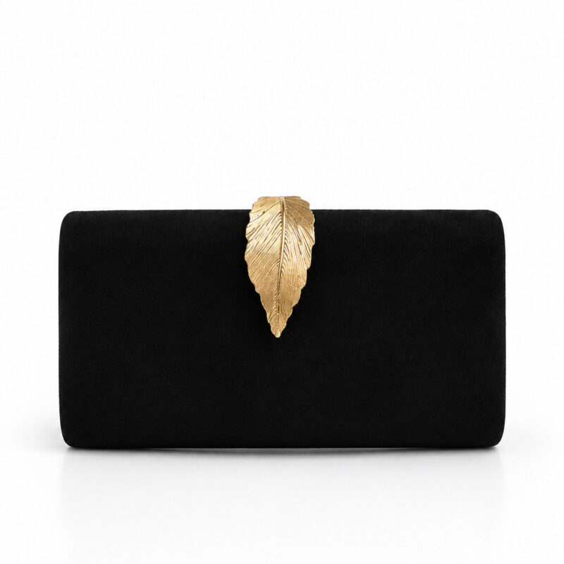 Bolso clutch negro y dorado hoja