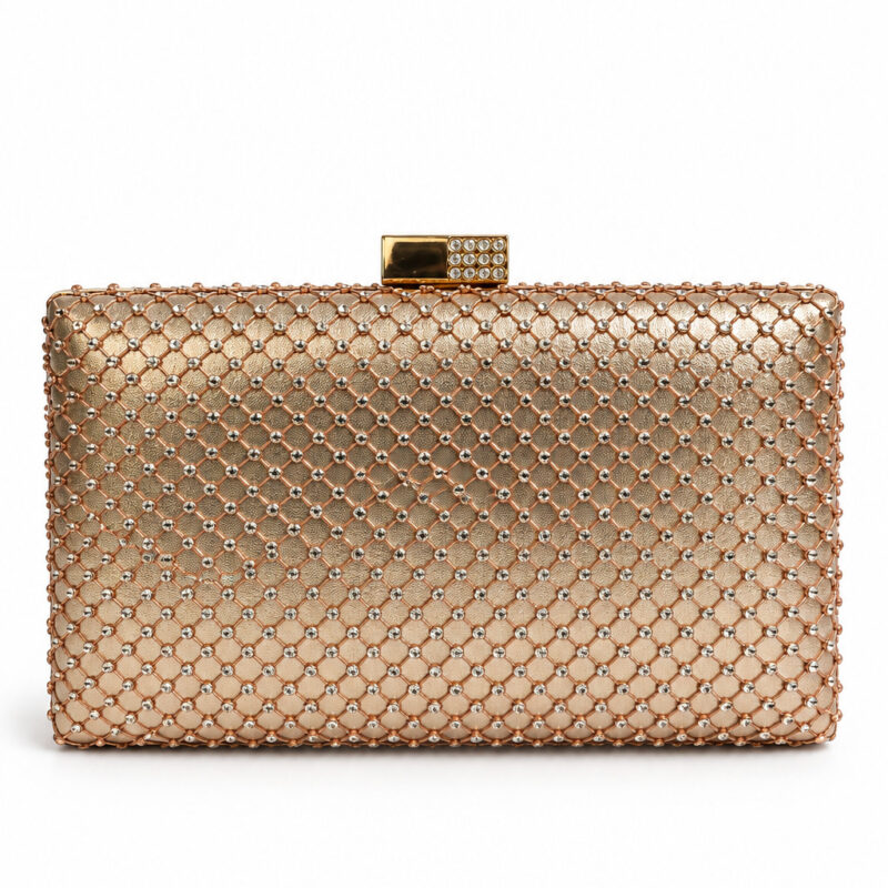 Bolso clutch oro rosa malla pedrería