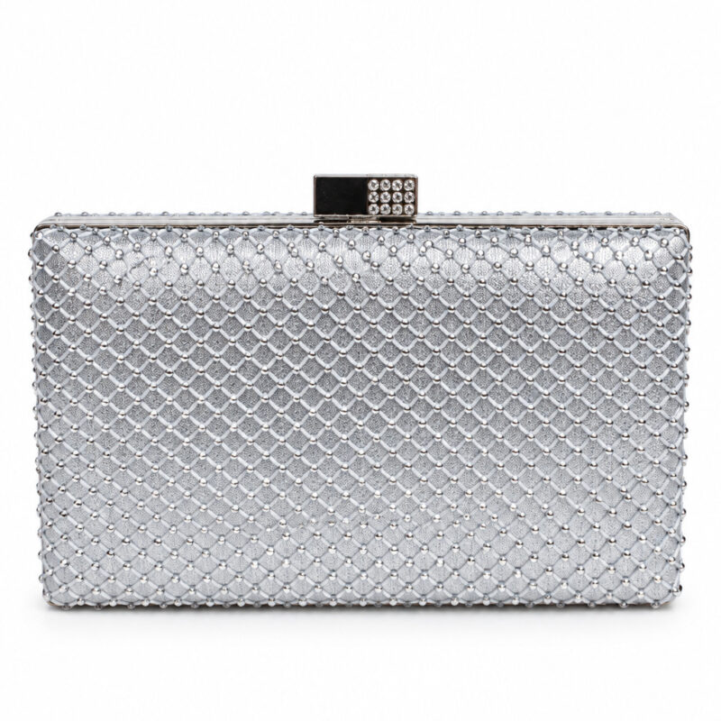 Bolso clutch plateado malla pedrería