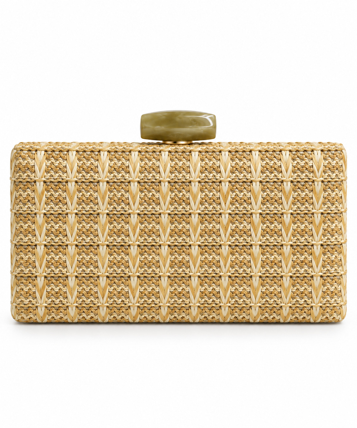Clutch rafia trenzada broche símil mármol