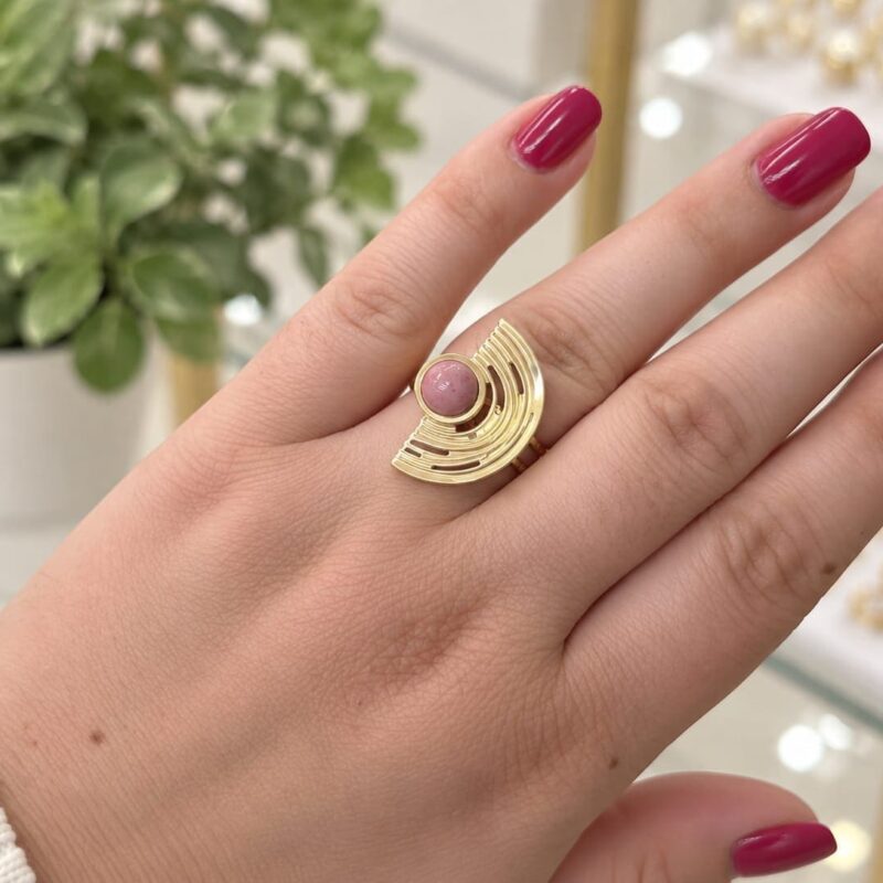 Anillo geométrico acero piedra rosa