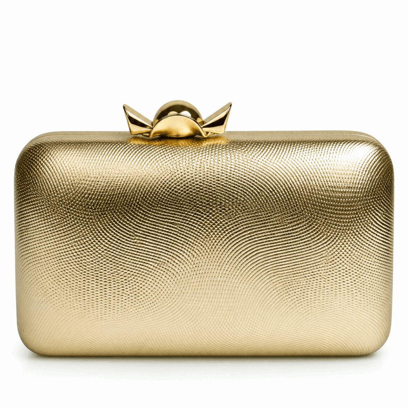 Bolso clutch dorado cierre flor metal