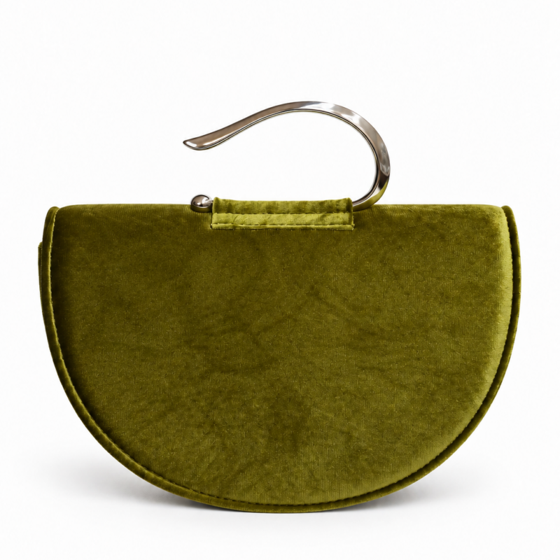 Clutch verde oliva terciopelo asa plateado
