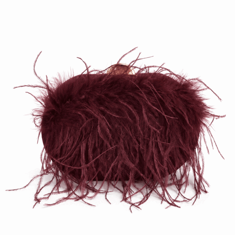 Bolso de fiesta clutch granate plumas