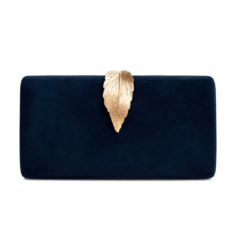 Bolso clutch azul marino y dorado hoja