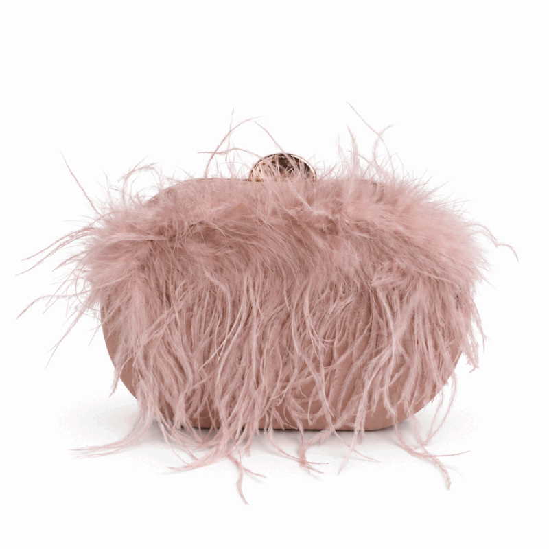 Bolso de fiesta clutch rosa nude plumas