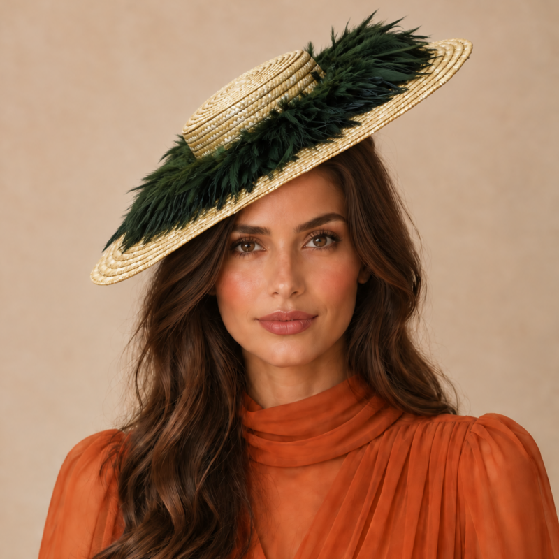Tocado paja plumas verde oliva