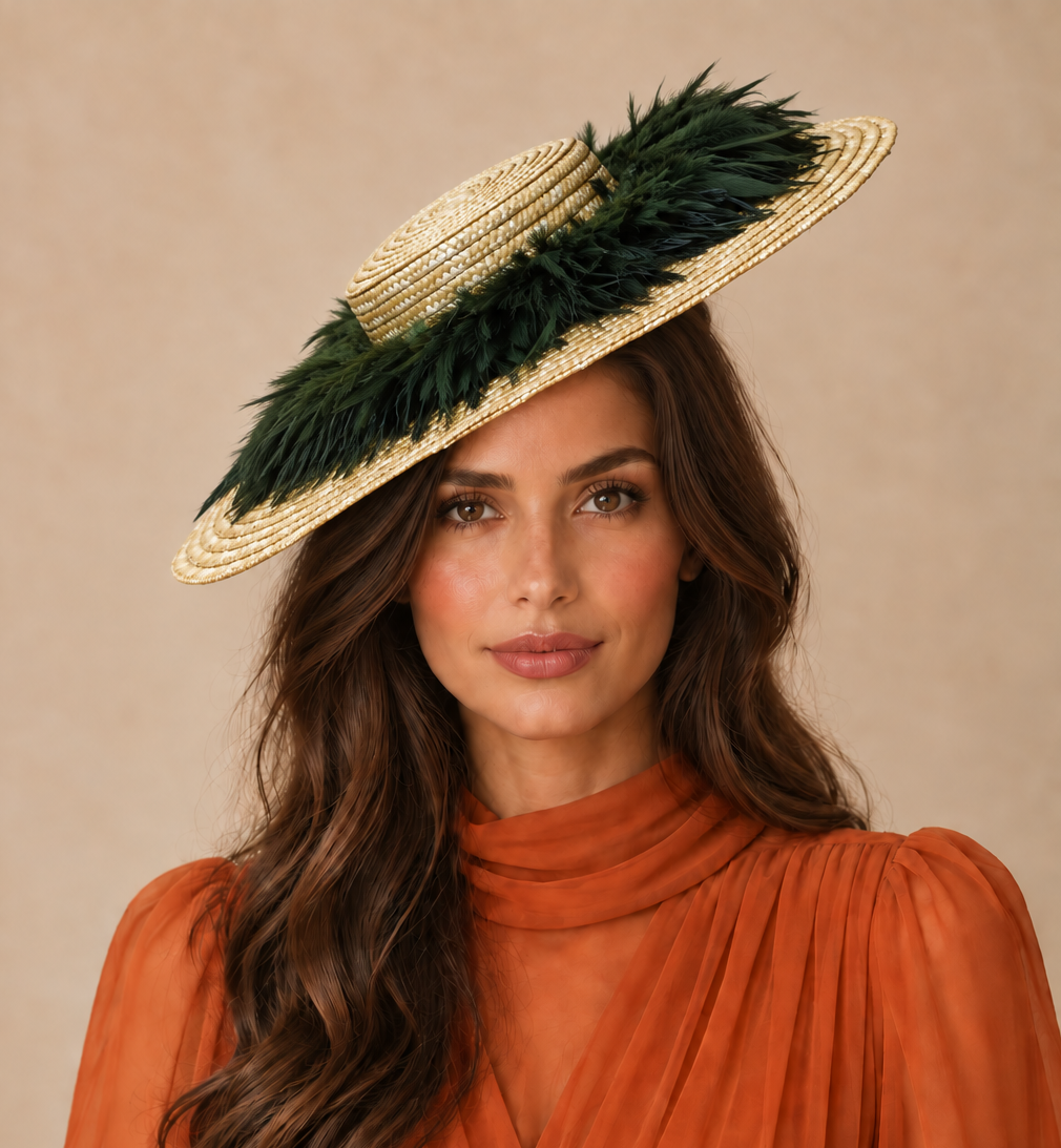 Tocado paja plumas verde oliva