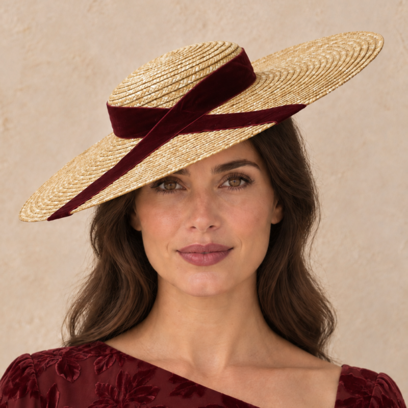 Tocado paja natural con lazada burdeos