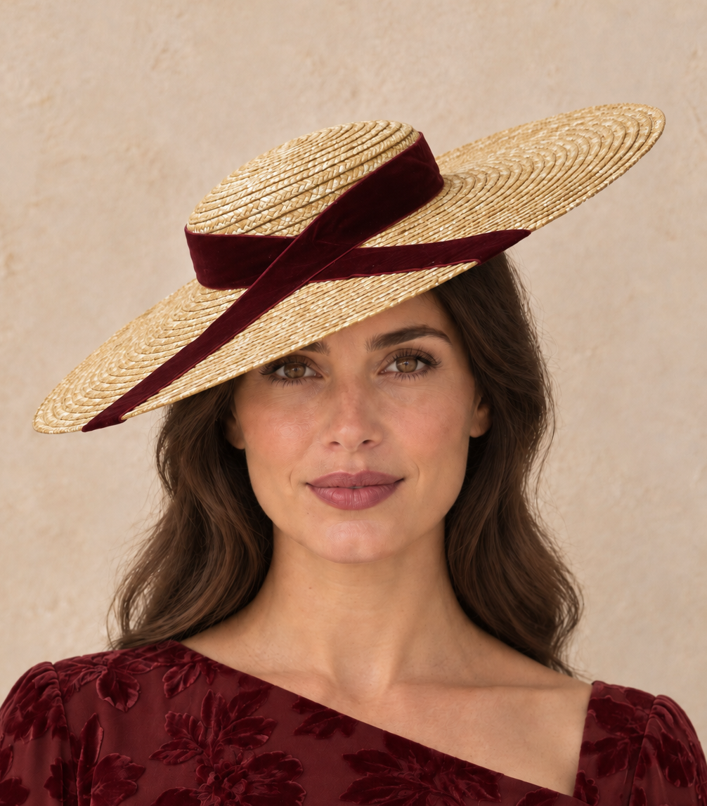 Tocado paja natural con lazada burdeos