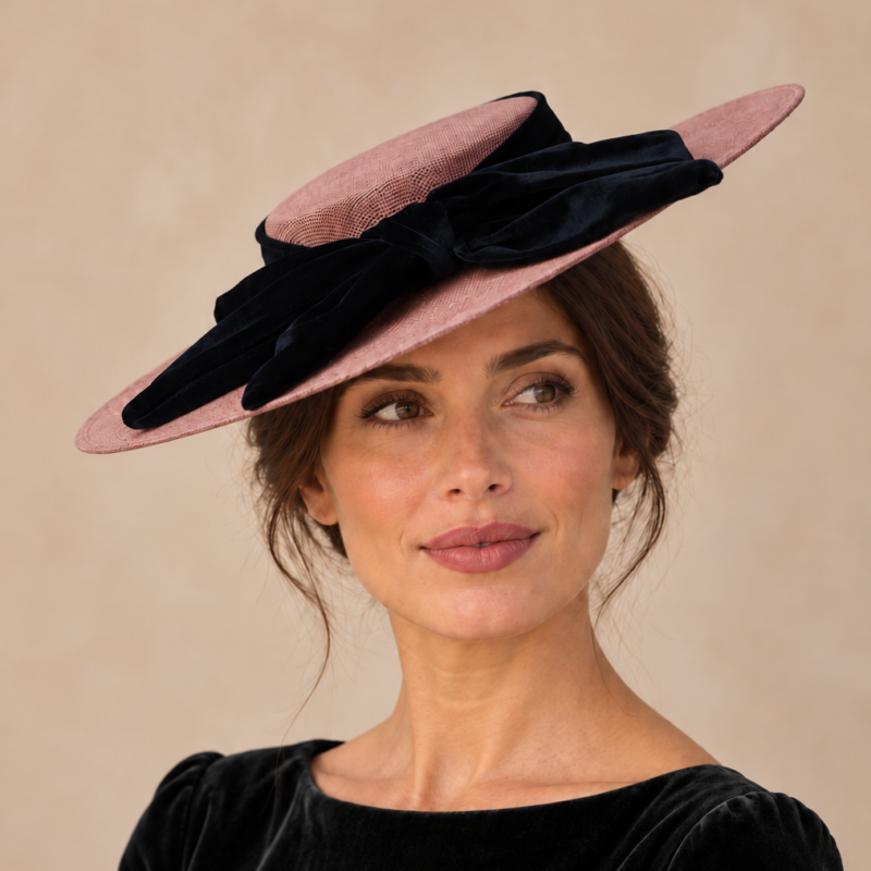 Tocado sinamay rosa empolvado y lazo negro
