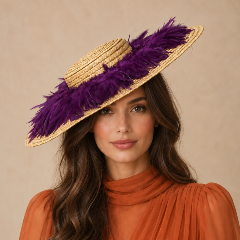 Tocado fiesta paja plumas moradas