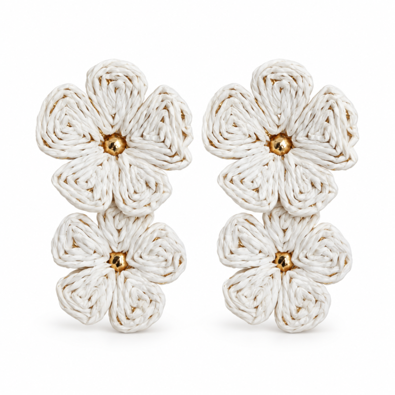 Pendientes rafia blanca doble flor
