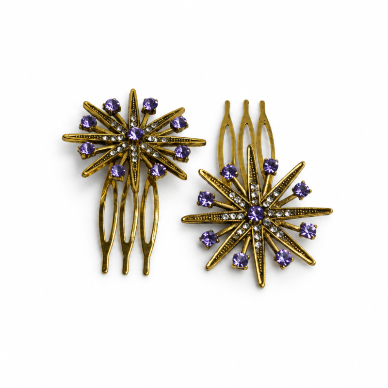 Pareja de peinetas lilas y dorado envejecido