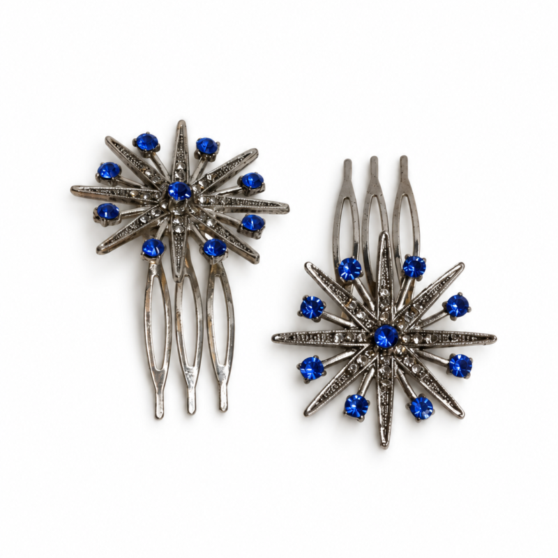 Pareja de peinetas azules y plateado envejecido